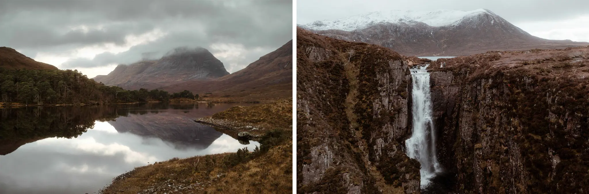 A couple stand at the top of a remote Scottish waterfall during their Scottish elopement ceremony